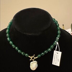 Jade Green Necklace with Iridescent Pearl Pendant